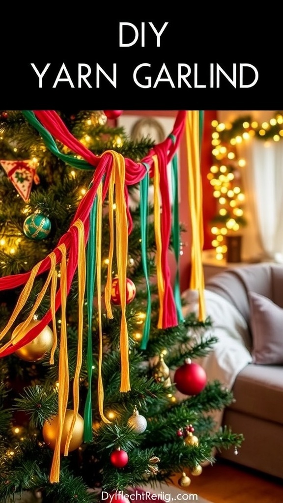 Colorful yarn garland on a Christmas tree with lights and ornaments in a cozy living room.